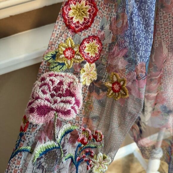 Johnny Was Biya Size XXL Calliope Floral Embroidered Mesh Top Hippie Art To Wear - Picture 4 of 8